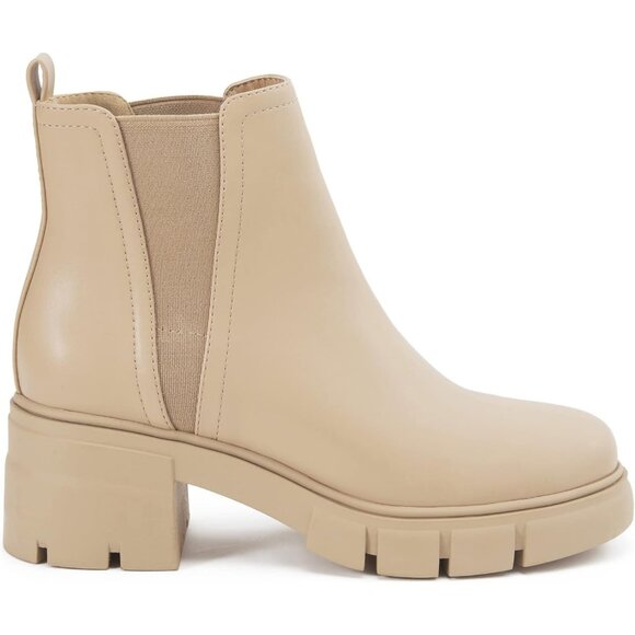 Redtop Women's Nude Faux Leather Elastic Chunky Block Heel Lug Sole Ankle Boot - Picture 3 of 8